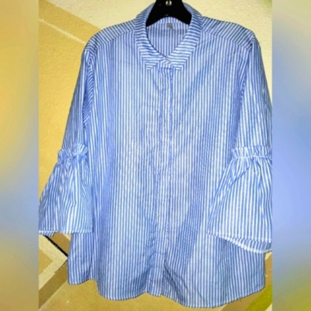 Women's Vibra Blue/White Striped Button Down Ruffle Sleeve Shirt SZ40 Tall (XXL)